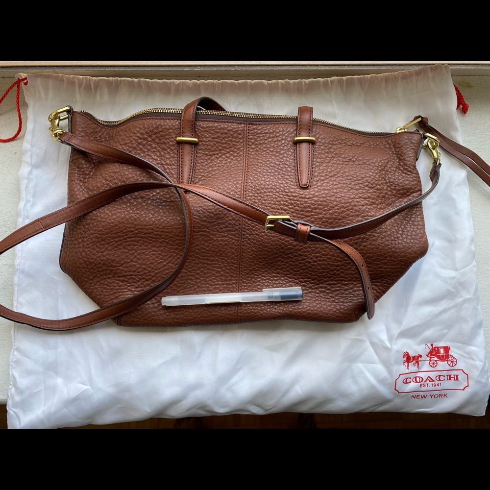 Coach brown soft leather satchel with strap. gold finish. Zip enclosure. New